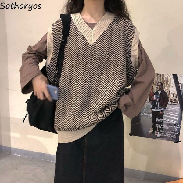 

women's vests sweater vest women korean style fashion casual v-neck patchwork jacquard jumpers streetwear elegant ladies soft retro all, Black;white