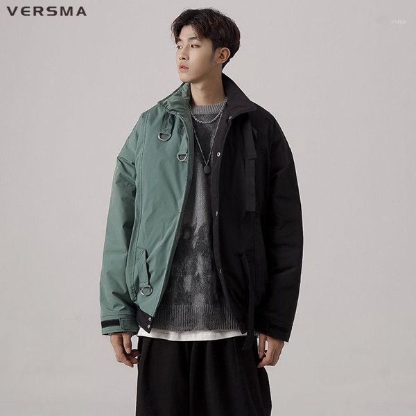 

versma japanese harajuku stitch windbreaker winter jacket coat men streetwear rock motorcycle warm vintage jacket youth clothes1, Black