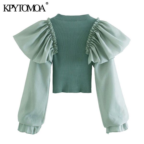 

kpytomoa women 2020 fashion ruffle patchwork cropped knitted sweater vintage long sleeve stretch slim female pullovers chic lj201126, White;black