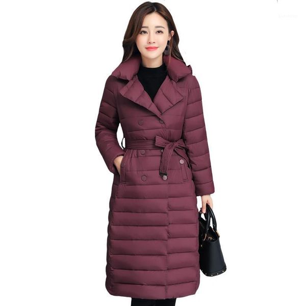 

new women winter jackets hooded long puffer coat female plus size solid casual thick warm women parkas with sashes1, Black