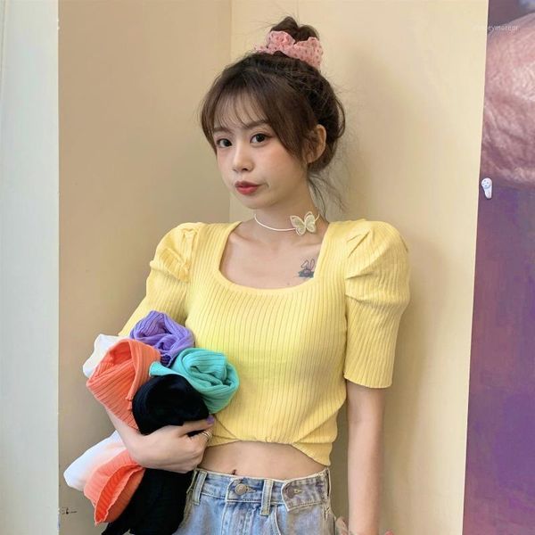 

women's t-shirt bare midriff fashion girl summer knitted jacket slim short clothes women sleeve v-neck t shirt1, White