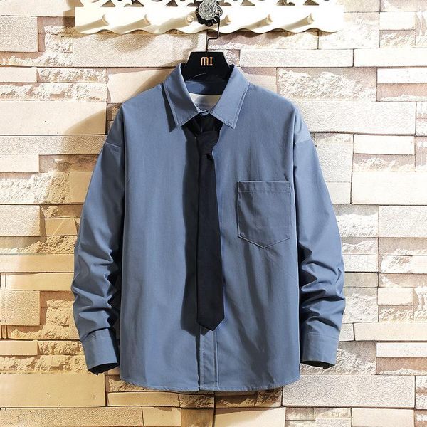 

mens long sleeve shirts with tie 2021 spring casual button men dress shirts wedding party chemise homme1, White;black