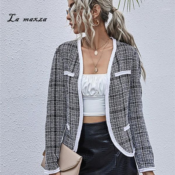 

autumn elegant women plaid blazers fashion vintage open stitch long sleeves short slim blazers1, White;black