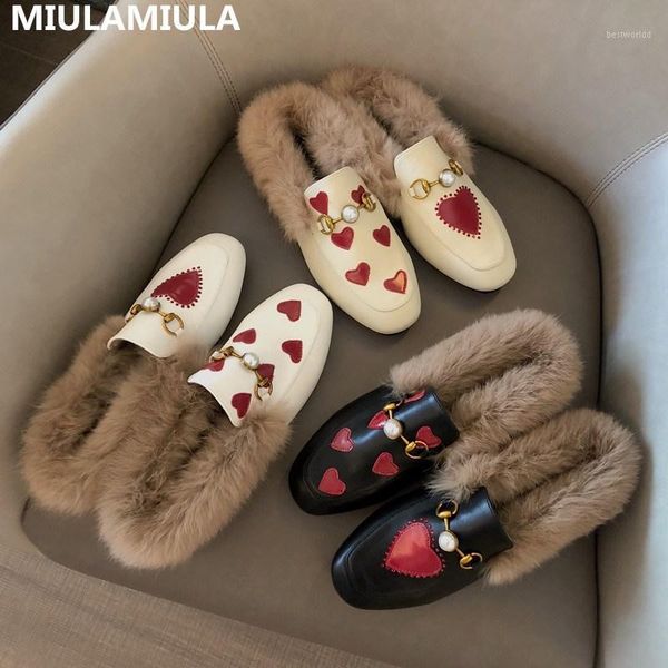 

slippers miulamiula pearl metal chain embroidery red heart warm real hair fur slipper flat leather slides mules flip flops1, Black