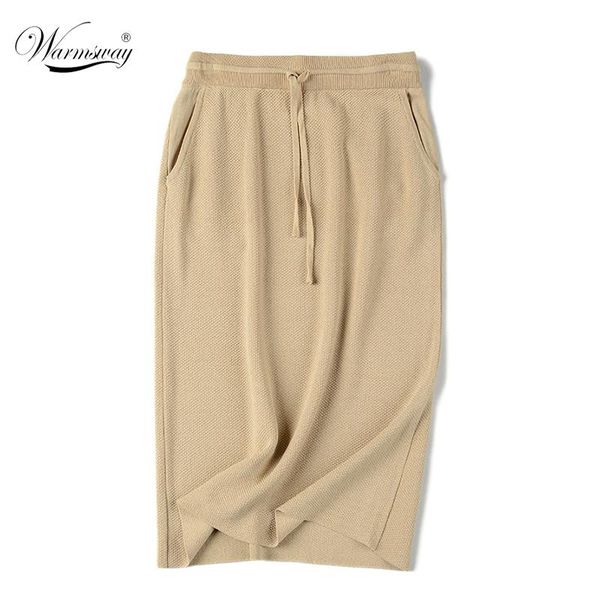 

2020 fall winter women fashion drawstring skirt slim high waist post-split ladies mid-calf casual knitted pencil skirt c-114, Black