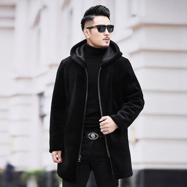 

men's leather & faux double-faced wear sheepskin wool jacket genuine leathe hooded liner thick sheep shearing winter fur coat, Black