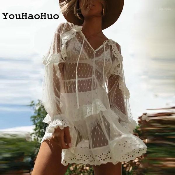 

transparent white lace dress women summer v neck ruffles mini dress butterfly sleeve bow tie beach party dresses1, Black;gray