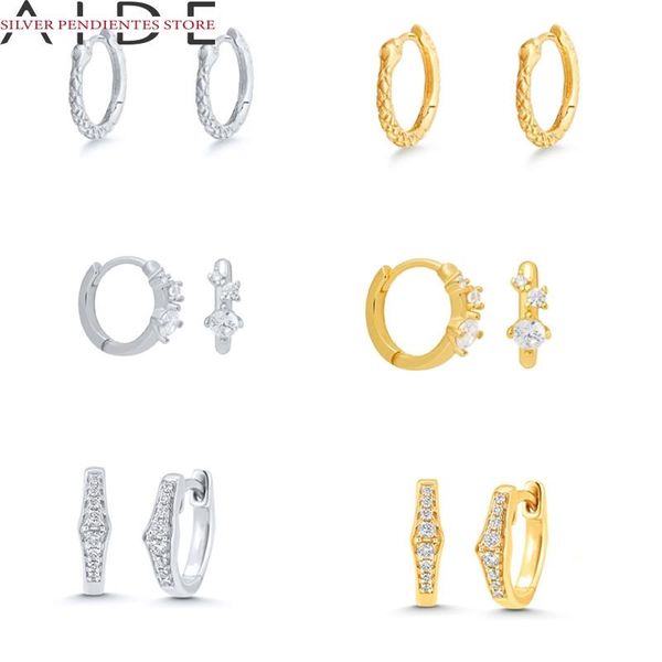 

hoop & huggie aide 925 sterling silver round diamonds earrings set women personality snake shape all-match gold piercing joyero, Golden;silver