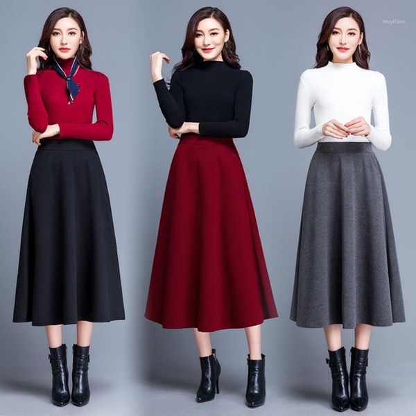 

autumn winter woolen skirts pocket midi skirt women plus size feminine lady empire waist a-line long skirt black red grey skirts1