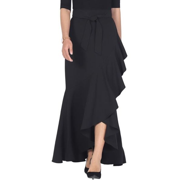 

skirts irregular mermaid womens lace-up belt high waist solid color temperament commuting lady ruffle maxi skirt s-5xl, Black