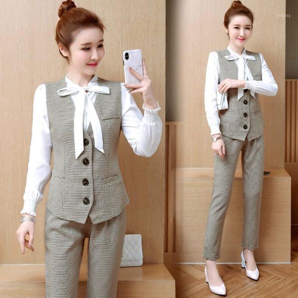 

2020 autumn new fashion vest plaid 3 piece set retro long sleeve shirt + plaid pant women trendy women suit ensemble femme1, Gray