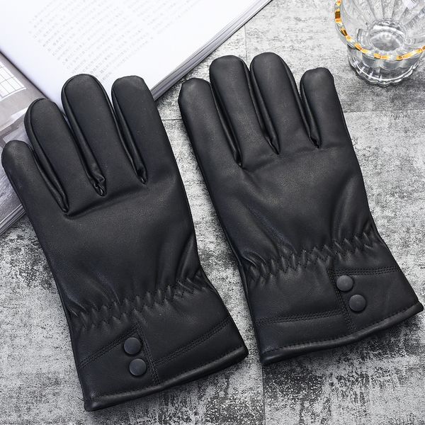 

fashion classic men's button imitation leather pu magic winter warm plush coral velvet riding gloves for men, Blue;gray