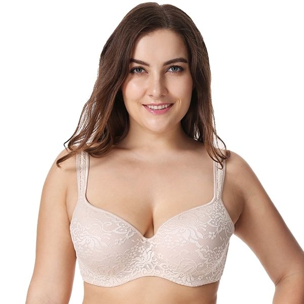 

women's lace floral embroideried underwire plus size full coverage balconette bra wide straps lingerie for woman y200415, Red;black