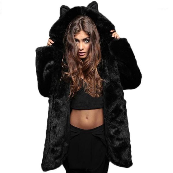 

faux fur coat 2020 new ladies ears cartoon hooded collar faux fur coat plush hood animal hat ear female outerwear1, Black