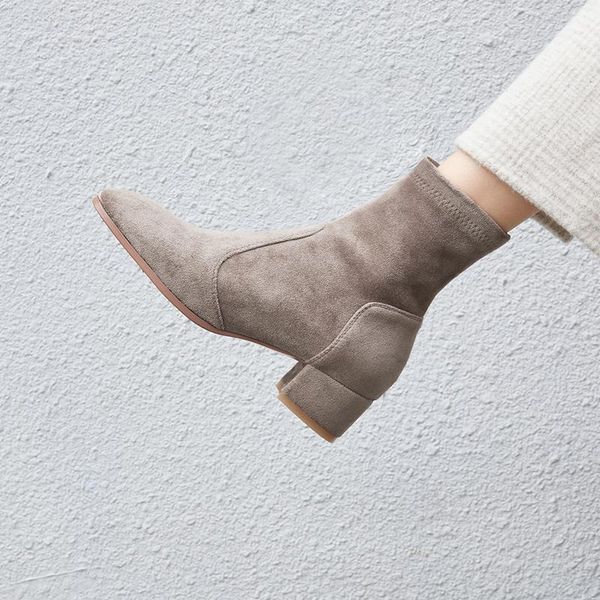 

boots okkdey 2021 women elastic fabric flock suede short fashion handmade classic pointed toe sheepskin insole all-match, Black