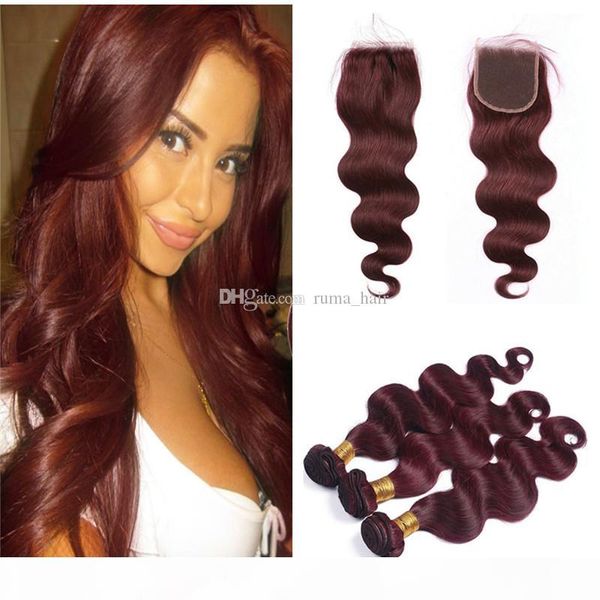 

fashion lady pre-colored ombre brazilian hair 3 bundles with lace closure 99j body wave weave human hair bundles virgin malaysian hair, Black;brown