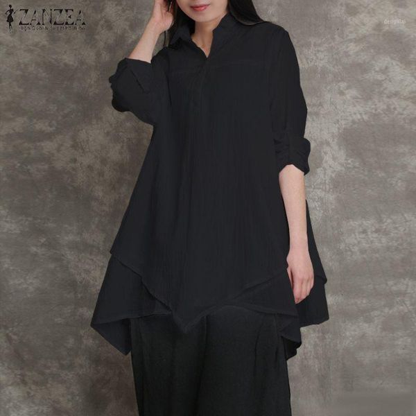 

zanzea women autumn blouse lapel neck long sleeve shirts female elegant work blusas solid casual irregular hem loose tunic 1, White