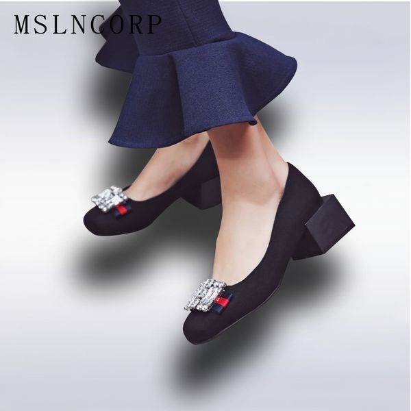 

plus size 34-48 rhinestone women pumps square heel round toe high heeled crystal woman shoes fashion girls sweet casual shoes t200525, Black