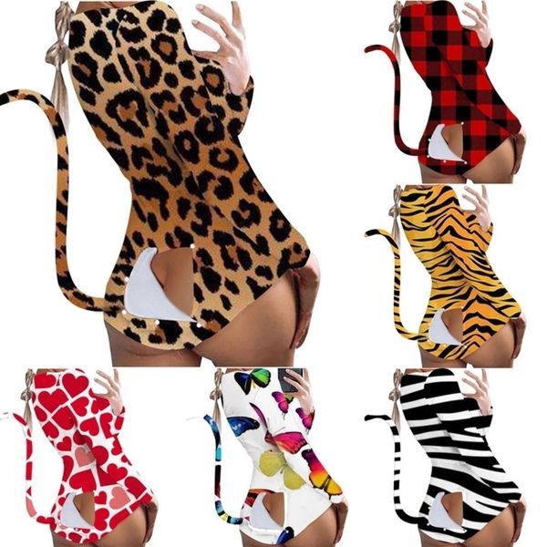 

women bodysuit jumpsuit rompers plaid leopard tiger patch tail open crotch lady long sleeve jumpsuit skinny onesies club wear h2303, White