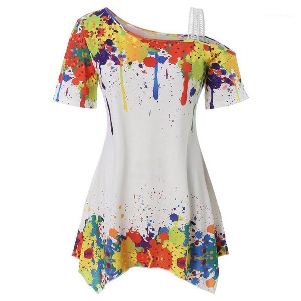 

women's t-shirt women summer fashion plus size cold shoulder splatter paint scoop neck short sleeves casual ladies tees1, White