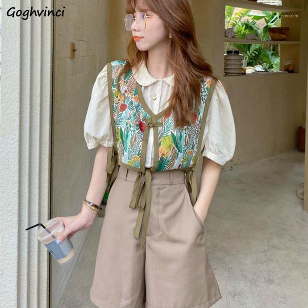 

women summer three-piece sets lace-up printed vintage vest short-sleeve simple shirts high-waist leisure shorts female trendy1, Gray