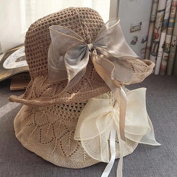 

wide brim hats summer knitted breathable bucket women outdoors casual travel hat korea sweet bow elegant caps collapsible 56-58cm, Blue;gray