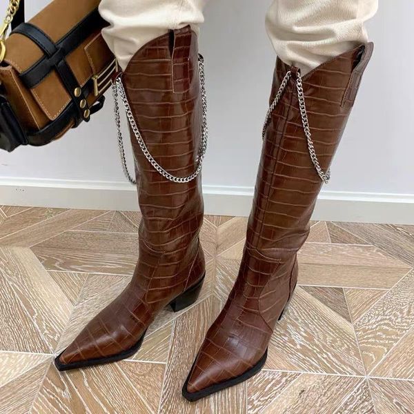 

crocodile pattern women knee high boots black brown chains long western botas de mujer pointed toe casual dress shoes