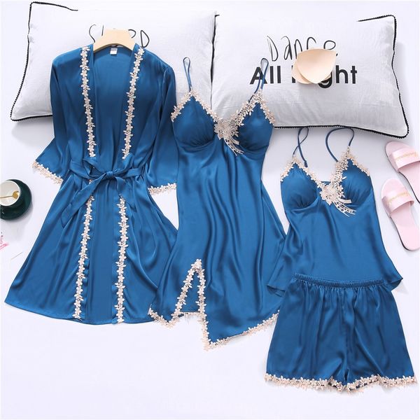 

Satin Pajamas Suit Soft Women 4PCS Sleep Set Nightwear Lace Kimono Bathrobe Gown Sleepwear Silky Intimate Lingerie Home Clothes, 4pcs burgundy