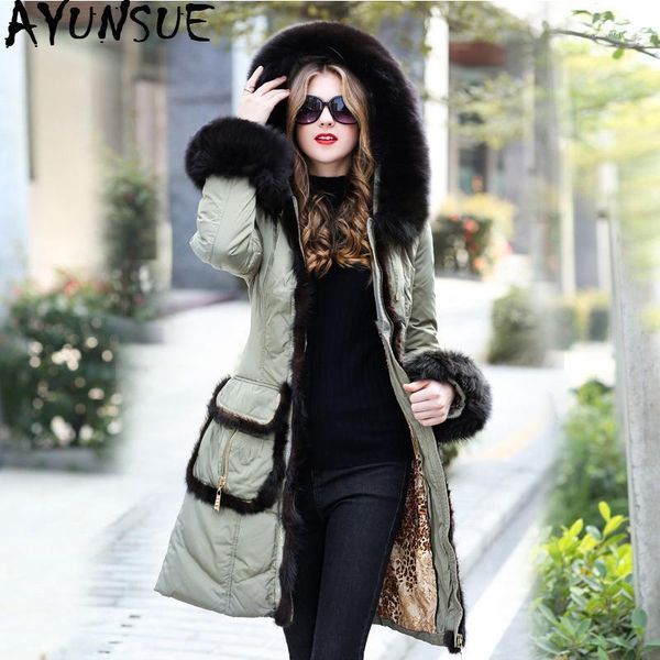 

ayunsue women's down jacket long winter coat women hooded real fur collar korean thick duck down jackets hooded 1181, Black