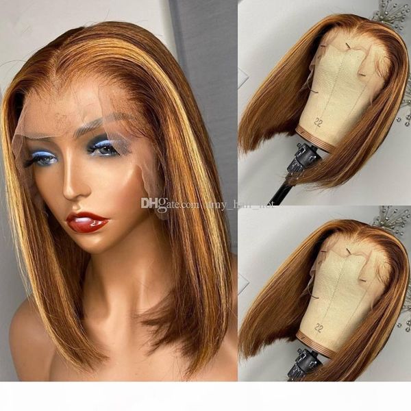 

honey blonde 13x6 lace front human hair wigs brazilian remy ombre highlight wig short bob wig 150% pixie cut bob short bob wig, Black;brown
