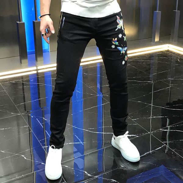 

men's jeans autumn 2021 fashion net red butterfly offset drill slim and handsome elastic casual pants youth, Blue