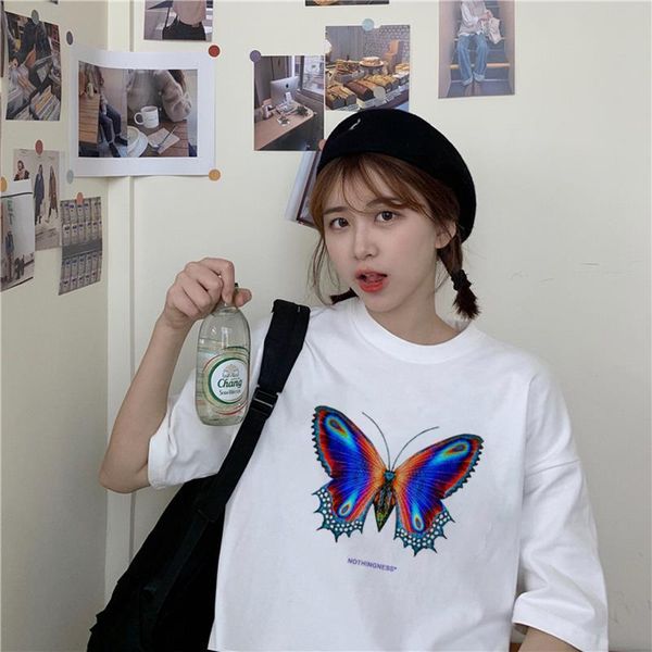 

harajuku vintage casual colorful butterfly letter print cotton summer streetwear casual loose cute ins chic women t-shirt, White