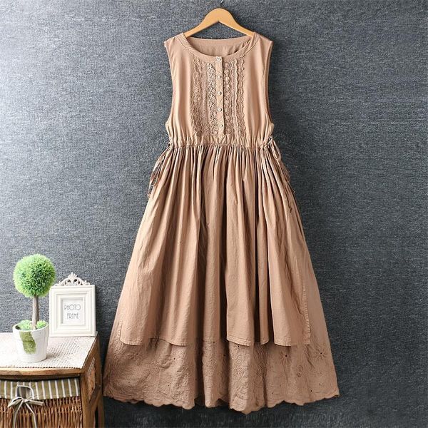 

2021 new summer sweet hipster embroidered drawstring waist dress cotton vest knee length dress female 6181 drop shipping, Black;gray