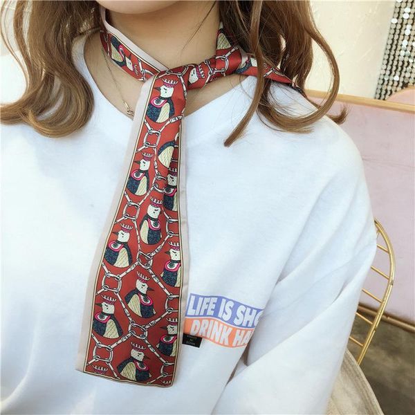 

scarves small silk like scarf lady spring and autumn corner korean narrow winter tie style neck decoration, Blue;gray