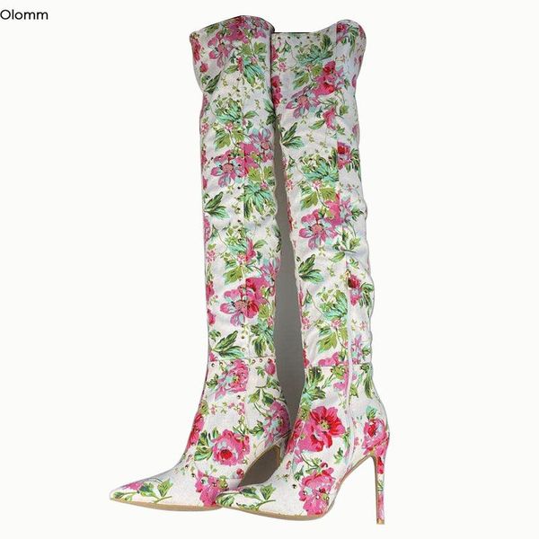 

olomm handmade women thigh high boots stud stiletto heels pointed toe gorgeous white flower party shoes women us size 5-15, Black