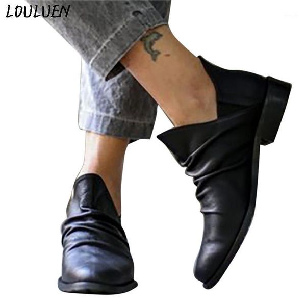 

louluen 2020 boots women boots vintage leather ankle short cowboy motorcycle shoes roman laarzen bottes plus size 43 #08261, Black