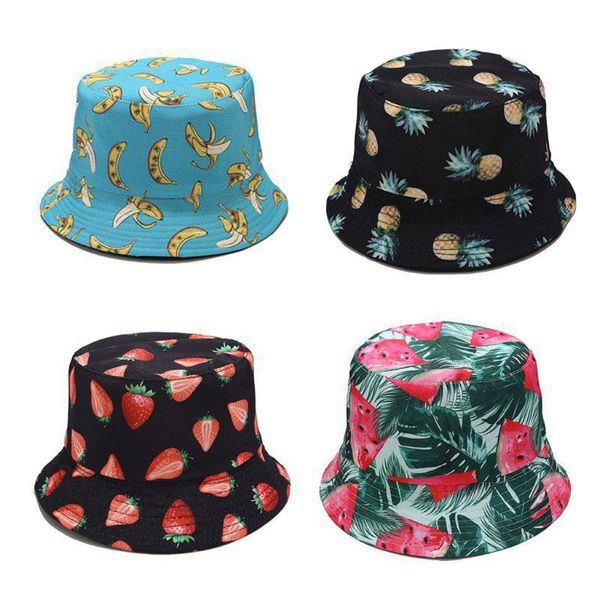 

25# women summer fisherman's hat fruit print two-sided foldable bucket cap outdoor flat sun protection women decoration hat, Blue;gray