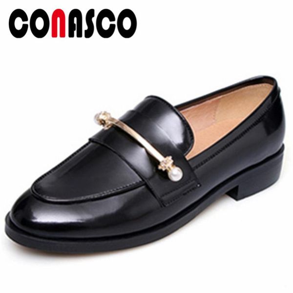 

conasco euro style women high heels genuine leather pumps beading round toe party dancing shoes woman ladies brogue pumps, Black