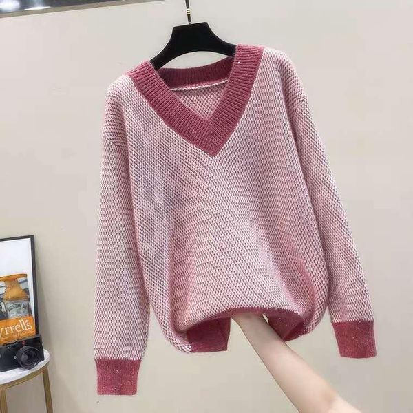 

2020 new designer luxury womens stitching color sweater women autumn knitted v-neck sweater pullover winter casual loose, White;black
