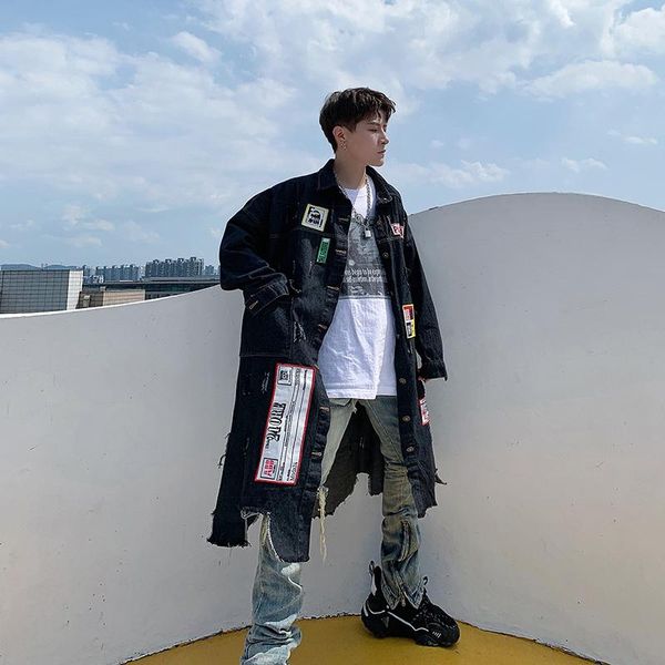 

men's trench coats coat for men 2021 autumn fashion trend punk clothes long denim jackets patch design oversized streetwear hole windbr, Tan;black