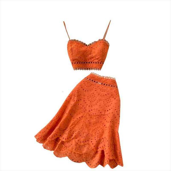 

summer beach vacation women sets backless hollow out camisole and ruffles hem midi skirt two piece set, White