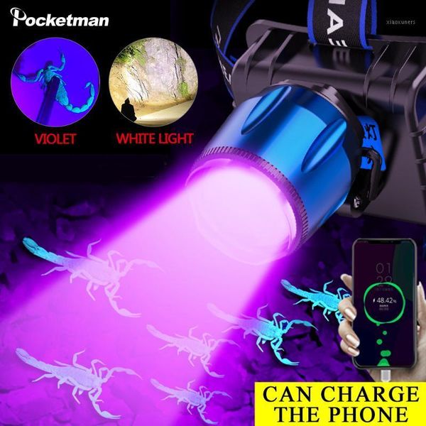 

headlamps 8000lm uv led purple headlamp 395nm sensor headlight torch battery built-in usb charger violet head catching scorption torch1