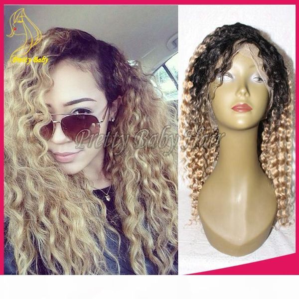 

brazilian blonde ombre lace front human hair wigs curly glueless full lace wig two tone #1b 27 human hair wig with baby hair, Black;brown