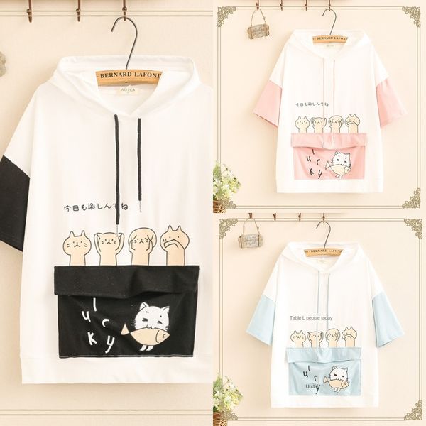 

spring 2020 new color matching four kittens hooded short sleeve t-shirtstyle pocket fresh and coat t-shirt versatile girl uuqfc uuqf, White
