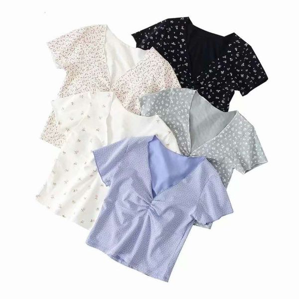 

style summer 2020 bm new sleeve floral pleated t-shirt women's slim short v-neck top, Black;gray