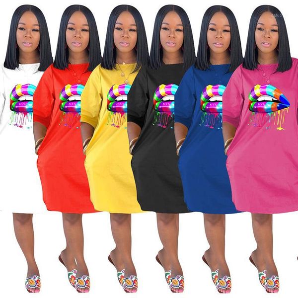 

half sleeve tie dye lips printed dress women irregular solid casual o-neck dresses women summer plus size vestido 20201, White;black