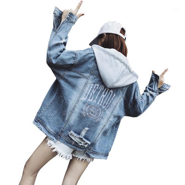 

detachable hooded denim jacket women letter embroidery frayed hole jean coat female boyfriend denim jackets spring autumn a5451, Black;brown