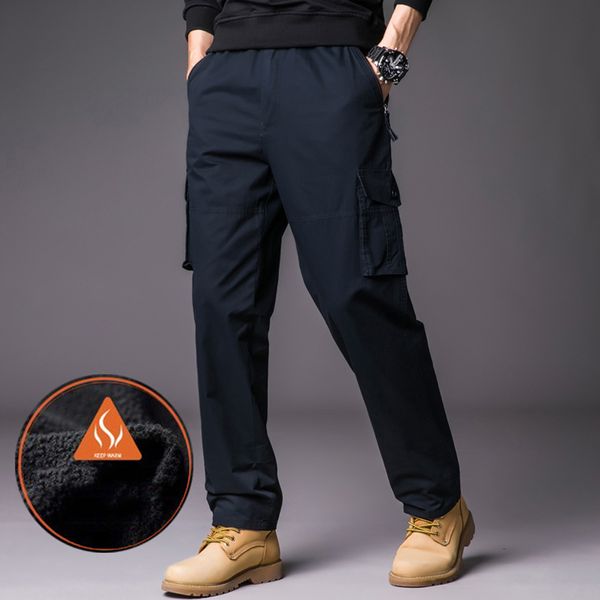 

2021 new autumn winter cotton solid cargo pants men work fleece lined business fashion male trousers plus size 5xl d7ca, Black