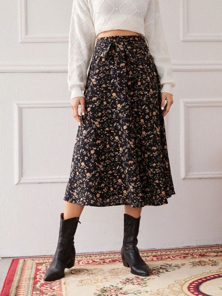 

ditsy floral print belted skirt k9h6#, Black