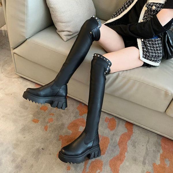 

beautoday knee high boots women cow leather pu long boots lace-up round toe winter lady motorcycle shoes handmade 2021 new1, Black